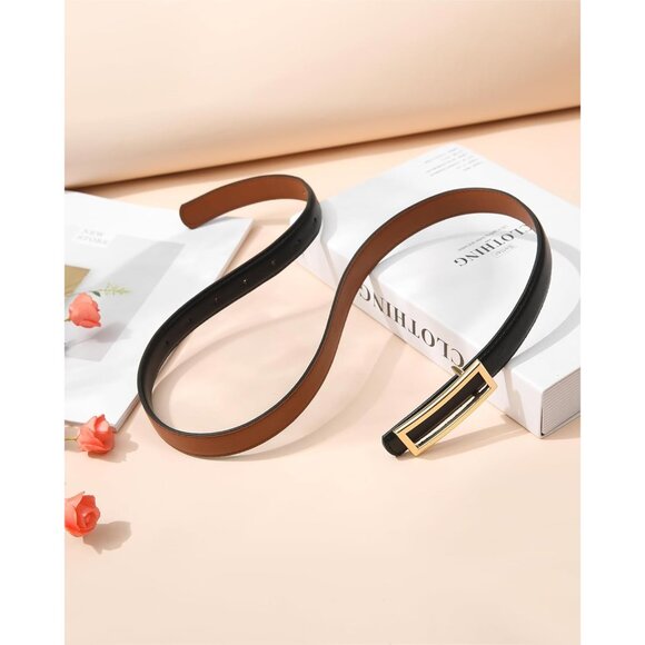 🆕Women Black/Brown Reversible  Leather Skinny Belt with Golden Buckle for Jean - Picture 7 of 7